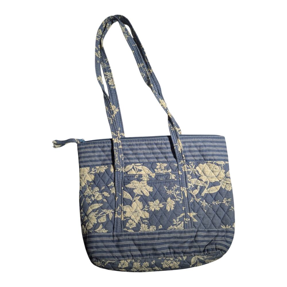 Vtg Y2K Pale Blue Ivory Floral Print Quilted 100% Cotton Top Zip Shoulder Bag